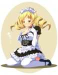  1girl alternate_costume blonde_hair blush breasts drill_hair elbow_gloves enmaided gloves mahou_shoujo_madoka_magica maid maid_headdress mary_janes petticoat seiza shoes sitting skirt solo thighhighs tomoe_mami translated tsukumo twin_drills twintails white_legwear yellow_eyes 