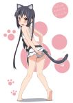  barefoot bikini bikini_skirt black_hair blush brown_eyes cat_ears cat_tail errant frilled_bikini frills from_behind front-tie_top k-on! kemonomimi_mode long_hair looking_at_viewer looking_back nakano_azusa open_mouth paw_print swimsuit tail twintails 