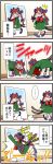  4koma :&lt; all_fours animal_ears bare_legs blush_stickers bow braid cat_ears cat_tail comic extra_ears hair_bow highres hiss kaenbyou_rin long_hair mirror multiple_tails o_o open_mouth red_hair redhead reflection shoes tail touhou translated translation_request truth usumy 