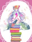  book book_stack book_tower colorful crescent crescent_moon green_eyes hat long_hair moon oekaki pantyhose patchouli_knowledge purple_hair sitting sitting_on_object solo tegaki touhou 