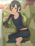  ass bad_id barefoot black_eyes black_hair couch feet highres jeans long_hair looking_back lying olg original pillow pillow_hug ponytail sleeveless smile 