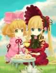  2girls blonde_hair blue_eyes bonnet bow cake clouds cup dress drill_hair flower food grass green_eyes hina_ichigo kiku_(popolina) long_hair multiple_girls ribbon rose rozen_maiden shinku short_hair siblings sisters sitting strawberry_shortcake table tea_set teacup teapot tray twintails very_long_hair 