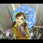  (stag) brown_hair gloves headphones highres original raincoat smile umbrella 
