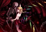  adult back chain chains crystal curtains dancing dress flandre_scarlet hand_holding highres holding_hands red red_dress skeleton skull smile solo tatsuya_(atelier_road) touhou vampire wings 