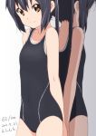  arms_behind_back black_hair brown_eyes errant k-on! light_smile long_hair looking_at_viewer mirror nakano_azusa one-piece_swimsuit reflection smile solo swimsuit twintails 
