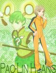  blonde_hair bruce_lee's_jumpsuit chinese_clothes detached_sleeves dragon_kid dual_persona green_eyes green_hair hand_on_hip hips huang_baoling jumpsuit mikanoff paolin_huan short_hair shorts staff superhero thighhighs tiger_&amp;_bunny 