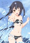  ;d bikini black_hair blush bow brown_eyes errant flat_chest front-tie_top happy k-on! long_hair looking_at_viewer nakano_azusa navel open_mouth side-tie_bikini smile splash splashing swimsuit twintails water water_drop wink 