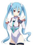 alternate_costume aqua_hair ayanami_rei ayanami_rei_(cosplay) bracelet cosplay hatsune_miku ixy jewelry long_hair necktie neon_genesis_evangelion plugsuit red_eyes simple_background smile solo thighhighs twintails very_long_hair vocaloid 