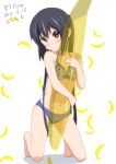  banana barefoot bikini black_hair blush brown_eyes errant food fruit holding holding_fruit hug k-on! kneeling long_hair nakano_azusa navel simple_background solo swimsuit twintails very_long_hair 