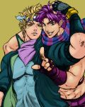  2boys blonde_hair caesar_anthonio_zeppeli facial_mark fingerless_gloves gloves green_eyes green_jacket grey_eyes headband jacket jojo_no_kimyou_na_bouken joseph_joestar_(young) multiple_boys mutto2012 pointing scarf violet_eyes 