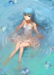  bare_legs bare_shoulders blue_eyes blue_hair bubble denpa_onna_to_seishun_otoko dress from_above legs long_hair looking_up m874 sitting solo submerged sundress touwa_erio water wet wet_clothes white_dress 