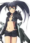  barcode bikini_top black_hair black_rock_shooter black_rock_shooter_(character) black_rock_shooter_(game) blue_eyes coat gloves highres kimmt long_hair mechanical_wings midriff navel paintedmike shorts simple_background solo symbol-shaped_pupils tattoo twintails wings 