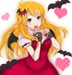  ahoge bat blonde_hair breasts dress fingerless_gloves gloves green_eyes hair_ornament heart heart-shaped_pupils heart_hands hoshii_miki idolmaster long_hair minazuki_randoseru my_dear_vampire oudanhodou smile solo symbol-shaped_pupils 