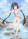  :o balancing barefoot black_hair bow brown_eyes errant k-on! long_hair nakano_azusa outstretched_arms polka_dot polka_dot_swimsuit rock spread_arms standing_on_one_leg swimsuit tankini twintails water 
