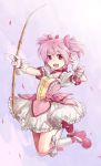  abe_(f!mixture) bow bow_(weapon) choker dress gem gloves hair_bow jewelry jumping kaname_madoka kneehighs mahou_shoujo_madoka_magica open_mouth pink pink_hair purple_eyes ribbon sky smile solo twintails violet_eyes weapon 