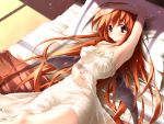  alternate_costume armpits bat_wings bed bed_sheet blush breasts dress erect_nipples hands head_wings highres koakuma long_hair lying midoriiro_no_shinzou no_bra on_back open_mouth pillow red_eyes red_hair redhead solo the_embodiment_of_scarlet_devil touhou white_dress wings 