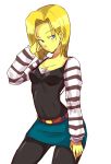  adjusting_hair bad_id belt blonde_hair blue_eyes dragon_ball dragon_ball_z dragonball dragonball_z female miniskirt mitsui_hisashi_(artist) mituihisasi pantyhose short_hair skirt solo 