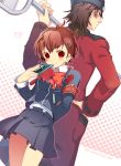  brown_hair card couple female_protagonist_(persona_3) grey_card holding holding_card persona persona_3 persona_3_portable red_eyes skirt smile takeda_mika 