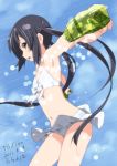  bikini bikini_skirt black_hair bow brown_eyes dual_wielding errant flat_chest foreshortening front-tie_top k-on! long_hair nakano_azusa navel open_mouth outstretched_arms spread_arms swimsuit twintails water_gun 