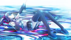  1920x1080 aqua_eyes aqua_hair bare_shoulders boots colored_eyelashes detached_sleeves hatsune_miku headset highres long_hair looking_up lying namaru_(summer_dandy) necktie outstretched_arm pleated_skirt rain reaching ripples skirt solo thigh_boots thighhighs twintails very_long_hair vocaloid wallpaper zettai_ryouiki 