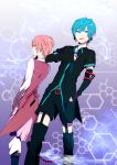  :q armband blue_eyes blue_hair crossover genderswap goddess_madoka hatsune_mikuo highres jewelry kaname_madoka kurono_yuu looking_back mahou_shoujo_madoka_magica multiple_boys pink_hair short_hair single_earring tongue tongue_out ultimate_madoka vocaloid yellow_eyes 