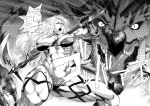  amazon_(dragon&#039;s_crown) amazon_(dragon's_crown) armlet armor axe bad_id between_breasts bikini_armor breasts circlet douganebuibui dragon dragon&#039;s_crown dragon's_crown gloves long_hair monochrome muscle tattoo thick_thighs thighs vanillaware weapon 