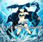  arm_cannon bikini_top black_hair black_rock_shooter black_rock_shooter_(character) blue_eyes blue_flame boots chain chains glowing glowing_eyes highres kusabe_ichii long_hair midriff navel scar shorts smile solo twintails uneven_twintails very_long_hair weapon 