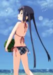  beach bikini blush brown_eyes errant food from_behind fruit holding holding_fruit k-on! long_hair looking_back nakano_azusa open_mouth side-tie_bikini sky swimsuit twintails watermelon 