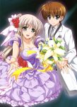  ahoge blonde_hair bow brown_hair dress fllowers flower hair_bow hair_flower hair_ornament higa_yukari highres lily_strosek long_hair lyrical_nanoha mahou_senki_lyrical_nanoha_force mahou_shoujo_lyrical_nanoha thoma_avenir tuxedo 