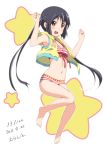  bikini black_hair blush brown_eyes errant front-tie_top hoodie jacket jacket_over_swimsuit jumping k-on! long_hair nakano_azusa navel open_clothes sleeveless_hoodie star striped striped_bikini striped_swimsuit swimsuit twintails 