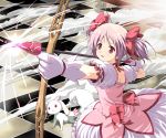  blue_door bow bow_(weapon) checkered checkered_floor choker dress gloves hair_bow highres kaname_madoka kyubey magical_girl mahou_shoujo_madoka_magica pink_eyes pink_hair ribbon short_twintails twintails weapon white_gloves 