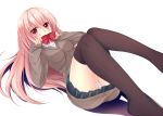  blush bow cardigan covering covering_face covering_mouth itou_nanami legs_up long_hair on_back original panties pantyshot pink_hair red_eyes seifuku simple_background skirt sleeves_past_wrists solo striped striped_panties sweater thigh-highs thighhighs underwear white zettai_ryouiki 