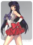  1girl bishoujo_senshi_sailor_moon black_hair blush bow character_name choker closed_mouth earrings elbow_gloves feet_out_of_frame female gloves grey_background hino_rei jewelry long_hair magical_girl matsuki_ringo miniskirt pleated_skirt pose purple_bow purple_eyes red_bow red_skirt sailor_mars sailor_senshi sailor_senshi_uniform skirt smile solo standing tiara violet_eyes 