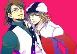  barnaby_brooks_jr blonde_hair brown_eyes brown_hair cabbie_hat cosplay costume_switch facial_hair glasses green_eyes hat jacket jewelry kaburagi_t_kotetsu makashiki_(aarni_0) male multiple_boys necklace necktie red_jacket short_hair stubble tiger_&amp;_bunny vest 