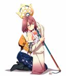  boots brown_hair detached_sleeves final_fantasy final_fantasy_x green_eyes heterochromia japanese_clothes light_smile obi seiza short_hair simple_background sitting solo staff tsukumo yuna 