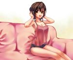  breasts brown_eyes brown_hair camisole cleavage headphones kawagoe_pochi meiko open_mouth short_hair short_shorts shorts sitting smile solo tank_top vocaloid 