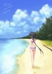  barefoot beach bikini black_hair blue_sky errant from_behind k-on! long_hair nakano_azusa ocean sand sky swimsuit tree twintails walking 