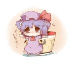 1girl :o animal_ears bat_wings blue_hair blush cat_ears cat_tail chibi cup dekasudachin detached_wings dress hat kemonomimi_mode mini_wings necktie open_mouth outstretched_arms pink_dress pudding red_eyes remilia_scarlet short_hair solo tail tears touhou translated translation_request trembling tub wings 