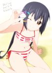  arm_support bikini black_hair brown_eyes errant glint gradient k-on! light_smile long_hair looking_at_viewer nakano_azusa navel seashell shell sitting smile solo swimsuit twintails wink 
