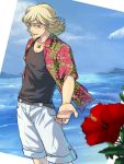 barnaby_brooks_jr beach belt blonde_hair flower glasses green_eyes hawaiian_shirt hibiscus homutatu jewelry male necklace outstretched_hand shorts solo t-shirt tiger_&amp;_bunny 