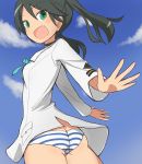  1girl :d aiueo ass clouds fang francesca_lucchini green_eyes green_hair looking_at_viewer open_mouth panties sky smile solo strike_witches striped striped_panties twintails underwear 