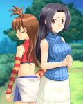  ahoge back-to-back bare_shoulders blue_hair brown_hair dress green_eyes idolmaster long_hair miura_azusa muhi11234 multiple_girls red_eyes sakurai_yumeko side_ponytail turtleneck 