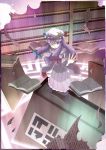  book bookshelf capelet crescent d@i dress flying_paper glowing hat highres library long_hair magic_circle outstretched_arm paper patchouli_knowledge pink_dress purple_eyes purple_hair solo touhou violet_eyes voile wink 