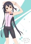  armpits arms_up bare_shoulders bike_shorts black_hair bow brown_eyes casual dated errant head_tilt k-on! light_smile long_hair looking_at_viewer nakano_azusa signature smile solo stretch twintails 
