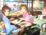  amami_haruka barefoot brown_eyes brown_hair calligraphy cat futami_ami futami_mami glasses green_eyes idolmaster japanese_clothes kimono looking_at_viewer map marble nonowa patricia_(shooooter5) scroll seiza sitting stone_lantern table takatsuki_yayoi tatami wariza 