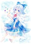  arm_up bad_id barefoot blue_dress blue_eyes blue_hair bow cirno dress gem hair_bow necktie nonaka open_mouth short_hair smile snowflakes solo touhou wings 