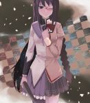  akemi_homura asymmetrical_clothes asymmetrical_clothing asymmetrical_hair bad_id black_hair blouse bow braid breast_suppress breasts cccpo checkered checkered_background closed_eyes dual_persona eyes_closed frilled_skirt frills glasses hand_on_own_chest hand_over_heart long_hair looking_at_viewer magical_girl mahou_shoujo_madoka_magica mirror_opposites pantyhose plaid plaid_skirt pleated_skirt purple_eyes red-framed_glasses ribbon school_uniform skirt solo spoilers standing stare weapon wink 