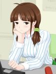  akizuki_ritsuko alternate_hairstyle antenna_hair breasts brown_eyes brown_hair chin_rest computer frown glasses glasses_removed highres idolmaster laptop solo tetuo_kun twintails 