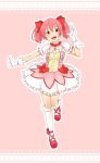  1girl bow choker circle dress frilled_dress frilled_kneehighs frilled_legwear frilled_skirt frills gloves hair_bow hair_ornament hair_ribbon happy heart kaname_madoka kneehighs knees_touching magical_girl mahou_shoujo_madoka_magica open_mouth outstretched_arm pink pink_eyes pink_hair pumps raised_hand ribbon ribbon_choker shoes short_hair short_twintails simple_background skirt smile socks solo standing standing_on_one_leg teeth twintails waving zukaketawagase 
