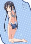  barefoot black_hair blush brown_eyes competition_swimsuit errant from_behind k-on! kneeling long_hair looking_at_viewer looking_back nakano_azusa one-piece_swimsuit swimsuit twintails 